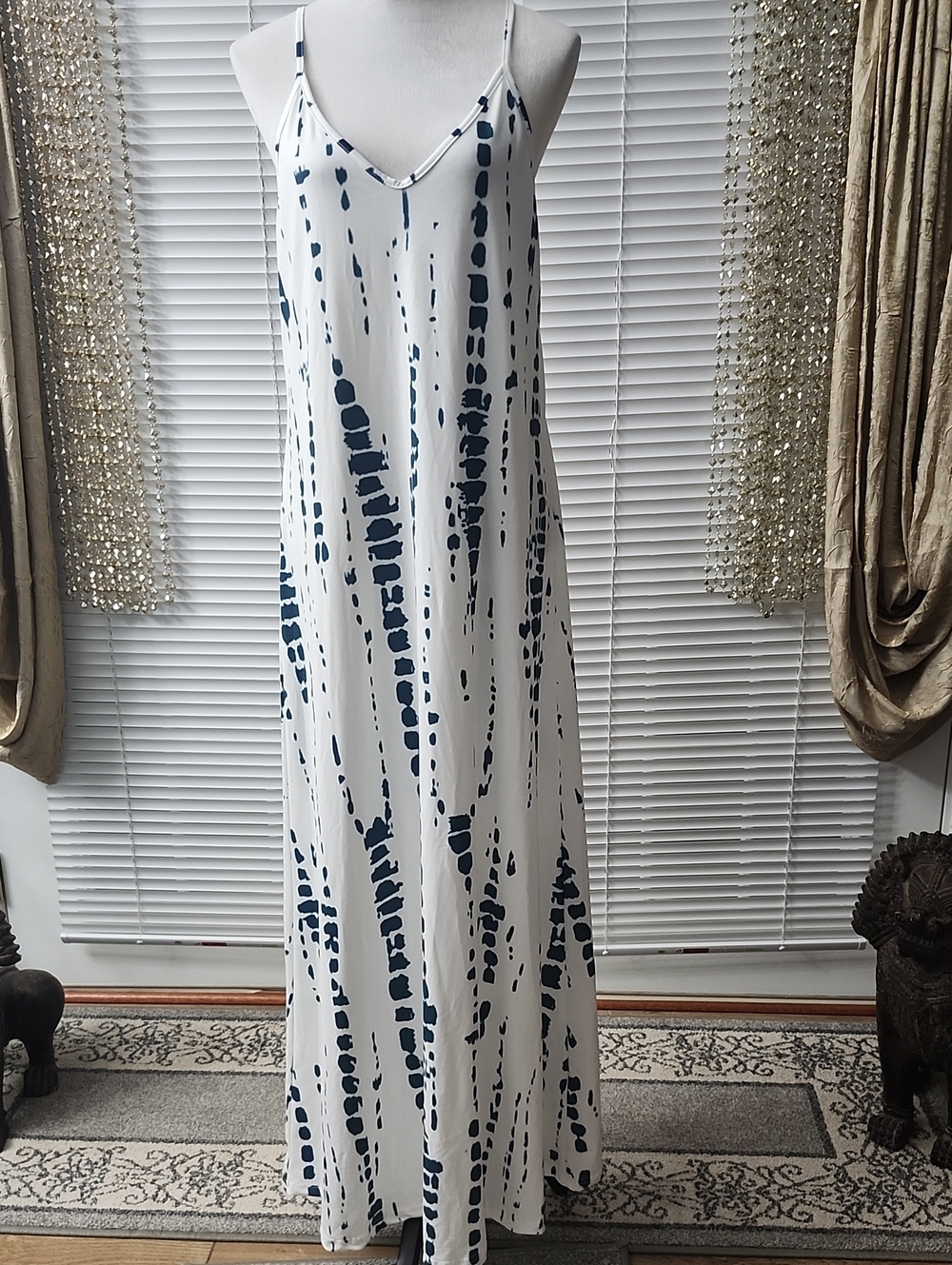 White & Navy Tie-Dye Maxi Slip Dress